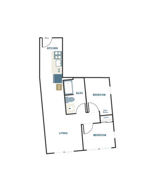 Floor plan for 2 beds, 1 bath, 651 sqft